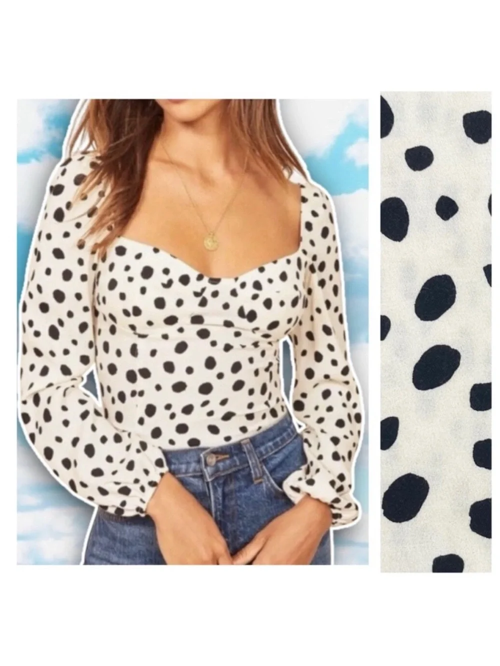 Reformation White and Black Spotted Square-Neck Long Sleeve Top